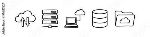 Set of hand-drawn cloud computing and data storage icons. Featuring server racks, laptop network, database, and cloud sync symbols in a minimalist doodle style.