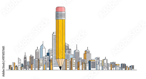 A large pencil stands tall among a city skyline in a colorful vector illustration
