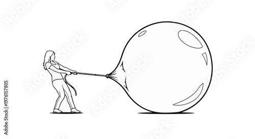 Person pulling a taut rope attached to a large, bulging balloon