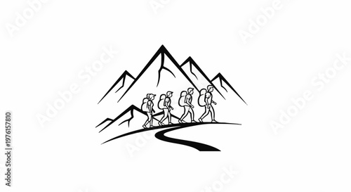 Silhouetted hikers trek across a winding path below imposing mountain peaks