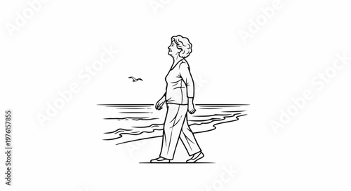 Elderly woman strolls on beach with bird flying nearby