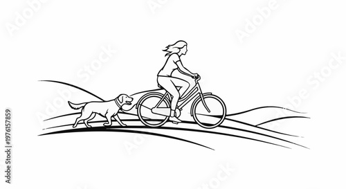 Person riding a bicycle with a dog running alongside through rolling hills