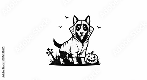 Cartoon dog in spooky costume with jack-o-lantern and bats