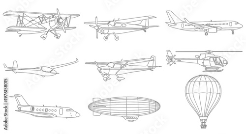 Various aircraft including airplanes, helicopter, blimp, and hot air balloon are illustrated.