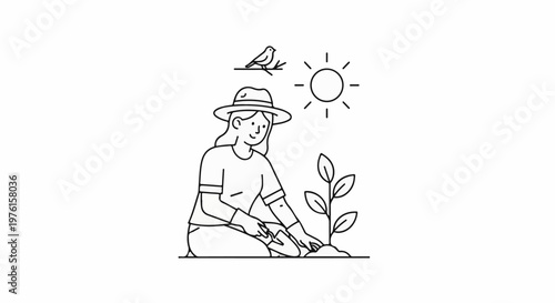 Cheerful person in hat plants a seedling under the sun, a bird perches nearby