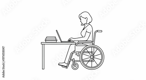 Person in wheelchair using laptop at desk with books