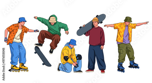 Teenagers skateboarding and posing on a city street with friends