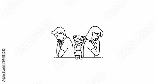 Sad child between divorced or arguing parents in line drawing