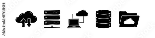 Hand-drawn doodle set of cloud computing and data storage icons including server rack, database, laptop sync, and file folder. Minimalist black ink sketches isolated on white background.