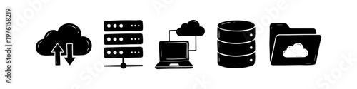 Hand-drawn cloud computing and data storage icon set in black doodle style. Includes server, database, folder, and laptop icons for network technology and backup concepts.