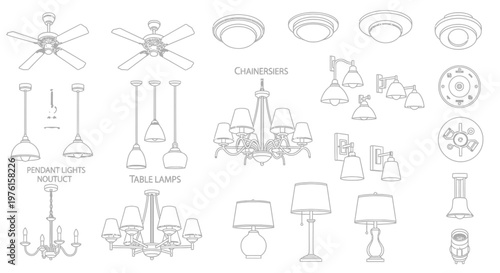 A collection of various lighting fixtures and lamps are displayed in a catalog