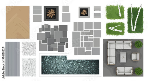 An architect designs a modern outdoor patio layout with various materials and furniture