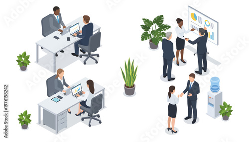 Office workers collaborate and interact in a modern workspace setting with colleagues