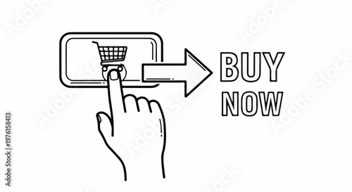 Finger pressing screen with shopping cart icon, arrow, and text