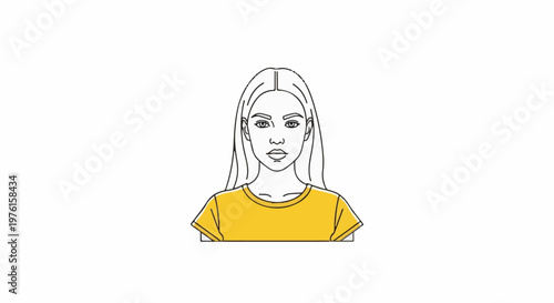 Line art portrait of a young woman with long hair wearing a yellow shirt