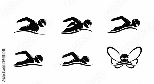 Six black and white stylized icons of swimmers performing different strokes on water