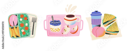 Set of take out lunch, food and drink. Homemade snack for a break, picnic.