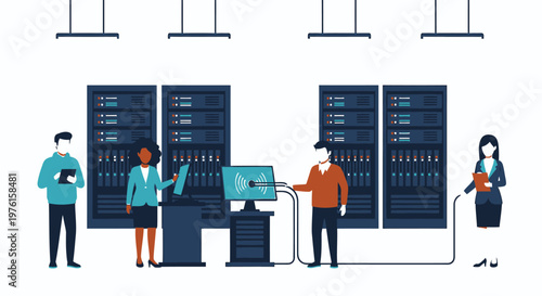 Server room, data center, IT professionals, network administrators, technology infrastructure