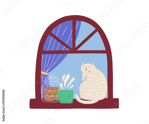 A cute white cat sits resting on a window with a curtain. A cup of hot drink and cookies in a jar. Cozy flat illustration.