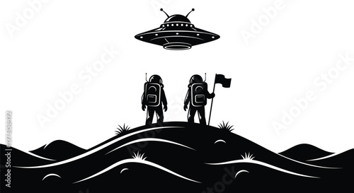 Two astronauts in space suits standing on a hill with a flying saucer above them outside