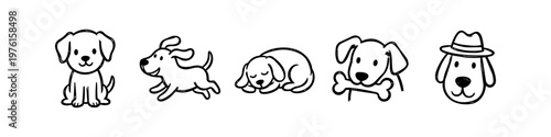 Set of cute hand-drawn puppy illustrations in various poses like sitting, running, and sleeping. Minimalist black line art doodle collection on a clean white background.