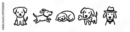 Set of cute hand-drawn dog doodles in black and white. Five minimalist sketches showing a puppy sitting, running, sleeping, holding a bone, and wearing a hat. Simple animal line art illustrations.
