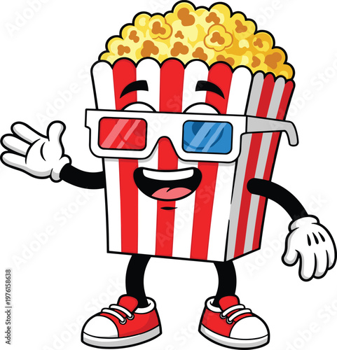 "Cartoon popcorn box character vector illustration with 3D glasses, sneakers, cheerful cinema snack mascot design"