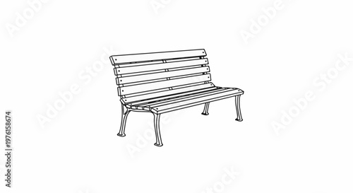 Detailed illustration of a classic park bench with metal legs and wooden slats