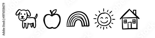 Set of cute hand-drawn doodles featuring a dog, an apple, a rainbow, a happy sun, and a house. Simple black line art icons on a white background, perfect for education or childhood themes.