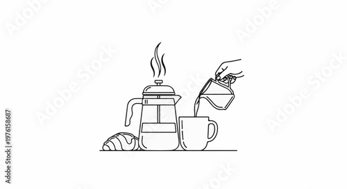 Hand pouring hot beverage from French press into mug with pastry