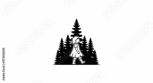 Lone child walks through a silhouette forest of evergreen trees