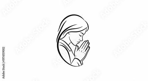 Stylized black and white illustration of a woman with eyes closed, hands clasped