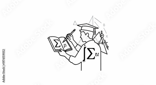 Graduation cap on person studying math symbols and equations in a book