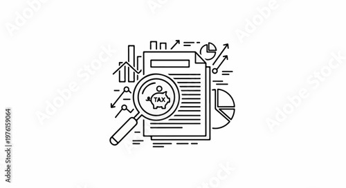 Financial analysis and tax investigation with charts, graphs, and a magnifying glass