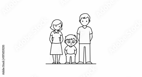 Stylized cartoon drawing of a family with a grumpy-looking child in the middle