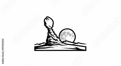 Stylized desert landscape with balanced rock and full moon at night