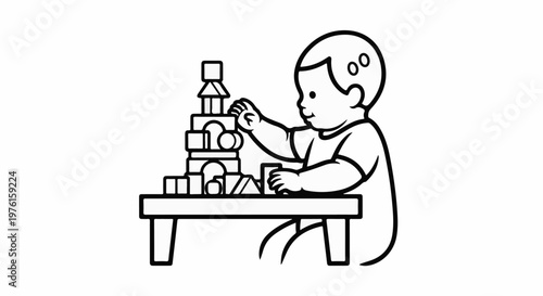 Child stacking building blocks on a table with focus and care