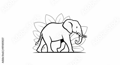 Stylized elephant walking in front of a floral pattern