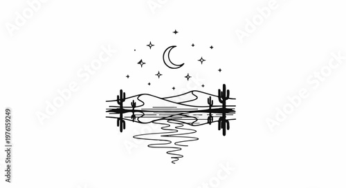 Desert landscape with cacti and moon reflected in water under starry sky