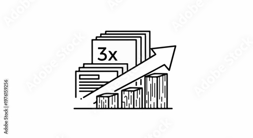 Stylized graphic showing stacked papers with "3x" and an upward trend arrow