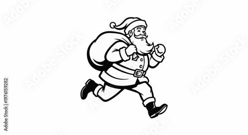 Cheerful cartoon Santa Claus running with a sack of gifts