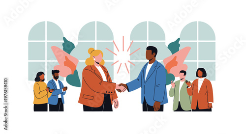 Business handshake, partnership, teamwork, collaboration, office, professional, people, illustration