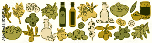 Mediterranean olive whimsical doodle icons. Hand drawn sticker illustration and scrapbook set with olive branches, oil bottles, leaves, bowls and jars. Cute kitchen vector illustration