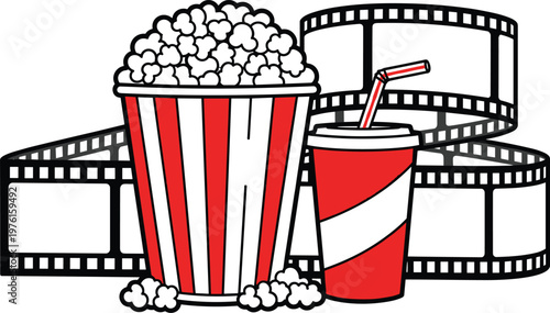"Popcorn and soda cup vector illustration with filmstrip background, cinema snack entertainment design"
