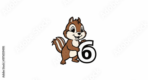 Cartoon chipmunk with bushy striped tail stands holding the number six