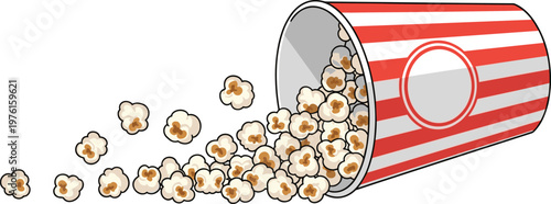 Cartoon popcorn container tipped over with kernels spilling out for cinema, snack branding, and entertainment design concepts.