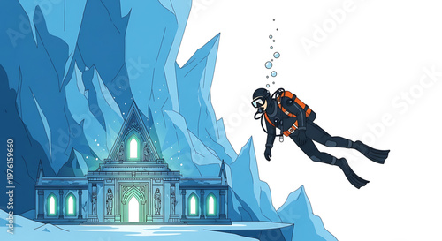 A scuba diver swims towards an underwater temple hidden beneath icy blue waters and glaciers.