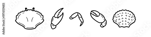 Minimalist black line art icons of crab parts and a seashell. Includes crab shell, claws, leg, and scallop. Ideal for seafood menus, nautical branding, and marine life themed designs.