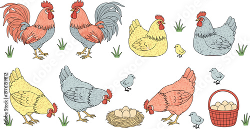 Chicken Farm Illustration Set with Hens Roosters Eggs Nest Basket and Poultry Animals Rustic Cartoon Vector Collection
