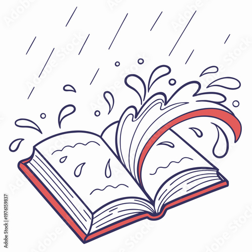 Open book submerged in water with splashes and rain drops, representing drowning in knowledge, overwhelm, or deep immersion in stories and information with simple lines.